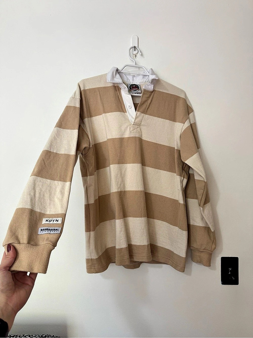 KOTN Barbarian Striped Rugby Polo in Brown & Cream Like New